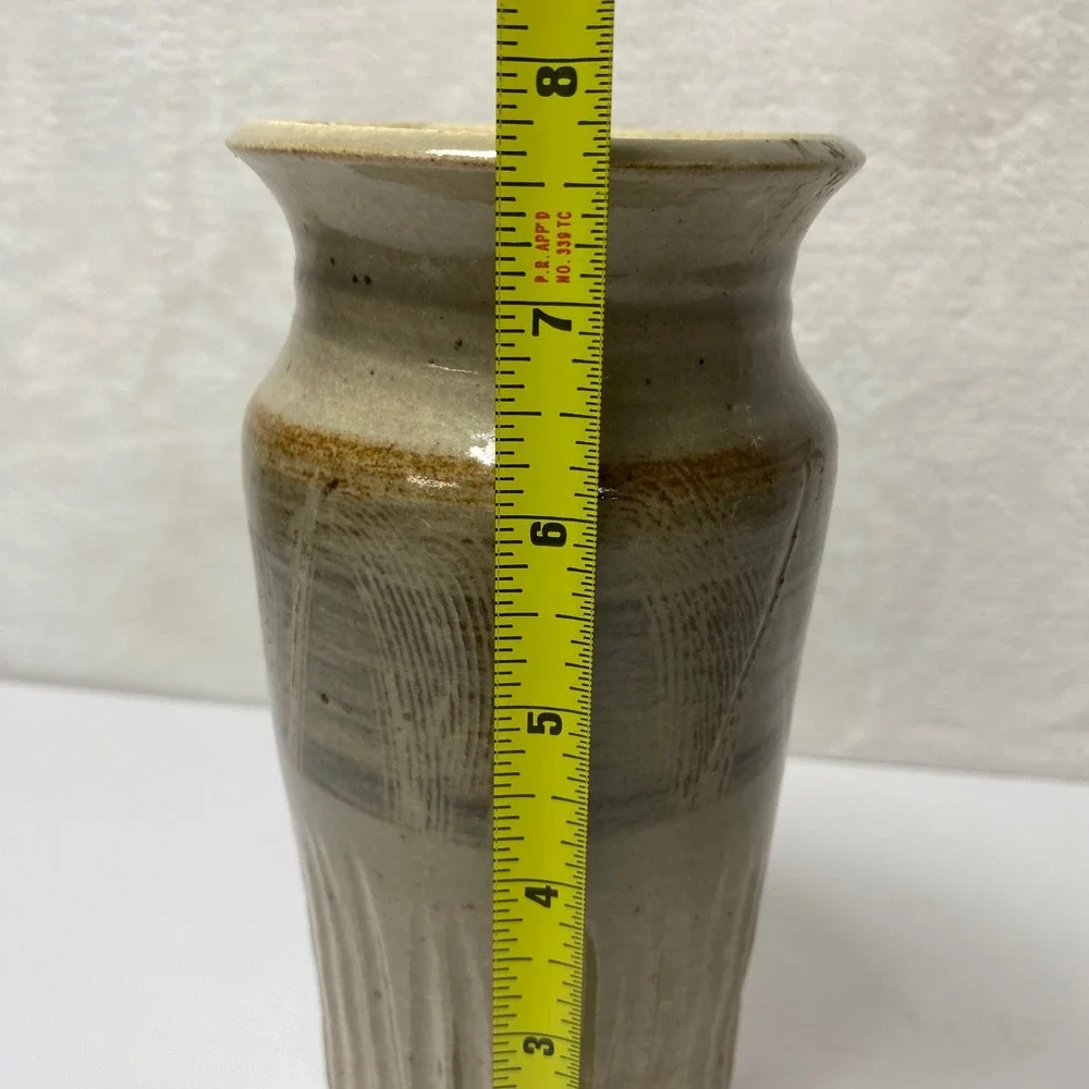 Stoneware Signed Vase Beige‎ Earthy Glaze Textured Vertical Lines Art Pottery